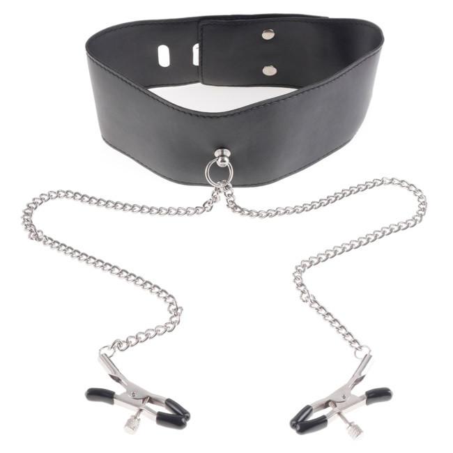 Fetish Fantasy Leather Collar & Nipple Clamp Set
