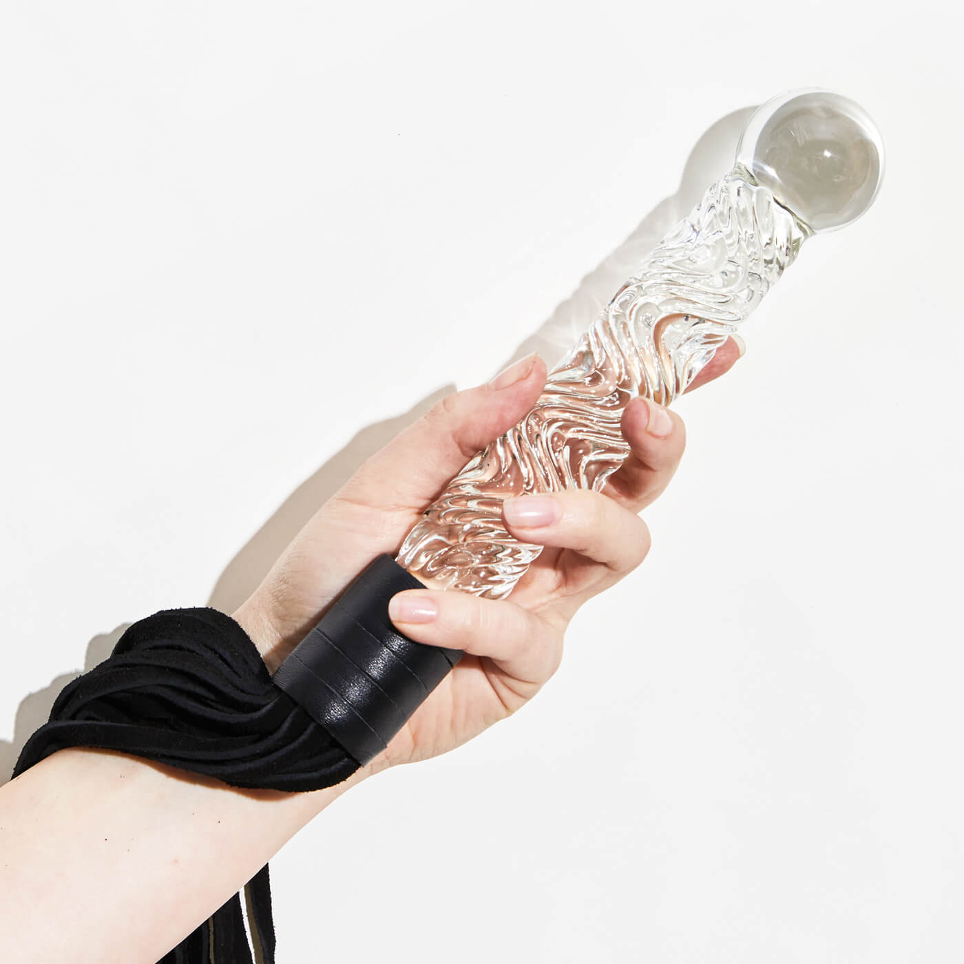 Icicles No 38 'Cat-O-Nine' Leather Whip And Glass Dildo Handle