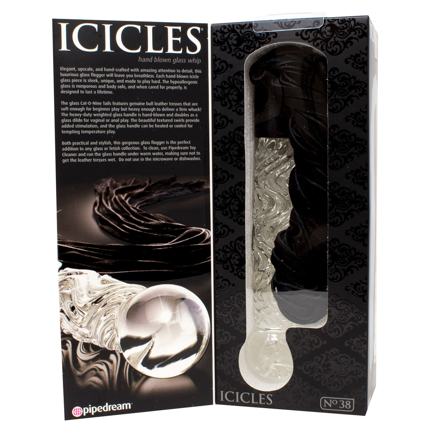 Icicles No 38 'Cat-O-Nine' Leather Whip And Glass Dildo Handle