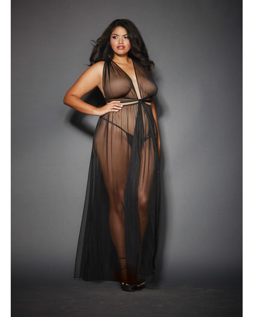 Sheer Mesh Gown w/Cut Out Sides & Ties in Back w/G-String Black QN