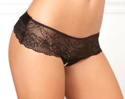 Rene Rofe Crotchless Lace Bow Back Panty Black M/L